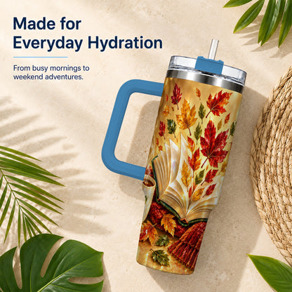 #pl[40oz|Blue] Jeweled Autumn 40oz Tumbler with Handle, Cozy Book Stainless Steel Cup