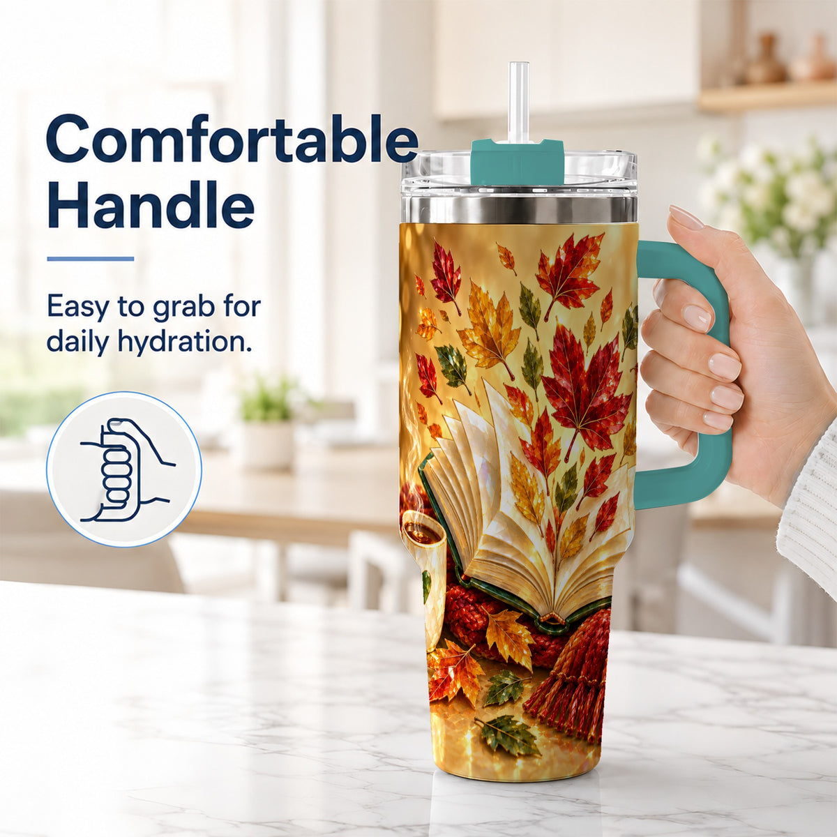 #pl[40oz|Green] Jeweled Autumn 40oz Tumbler with Handle, Cozy Book Stainless Steel Cup