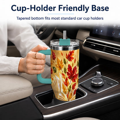 #pl[40oz|Green] Jeweled Autumn 40oz Tumbler with Handle, Cozy Book Stainless Steel Cup