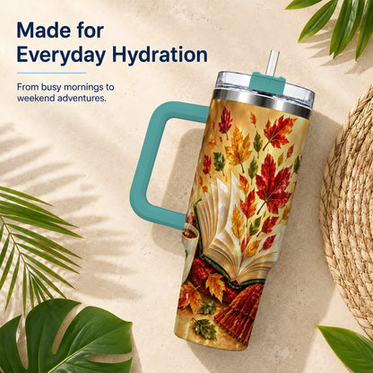 #pl[40oz|Green] Jeweled Autumn 40oz Tumbler with Handle, Cozy Book Stainless Steel Cup