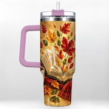 #pl[40oz|Pink] Jeweled Autumn 40oz Tumbler with Handle, Cozy Book Stainless Steel Cup