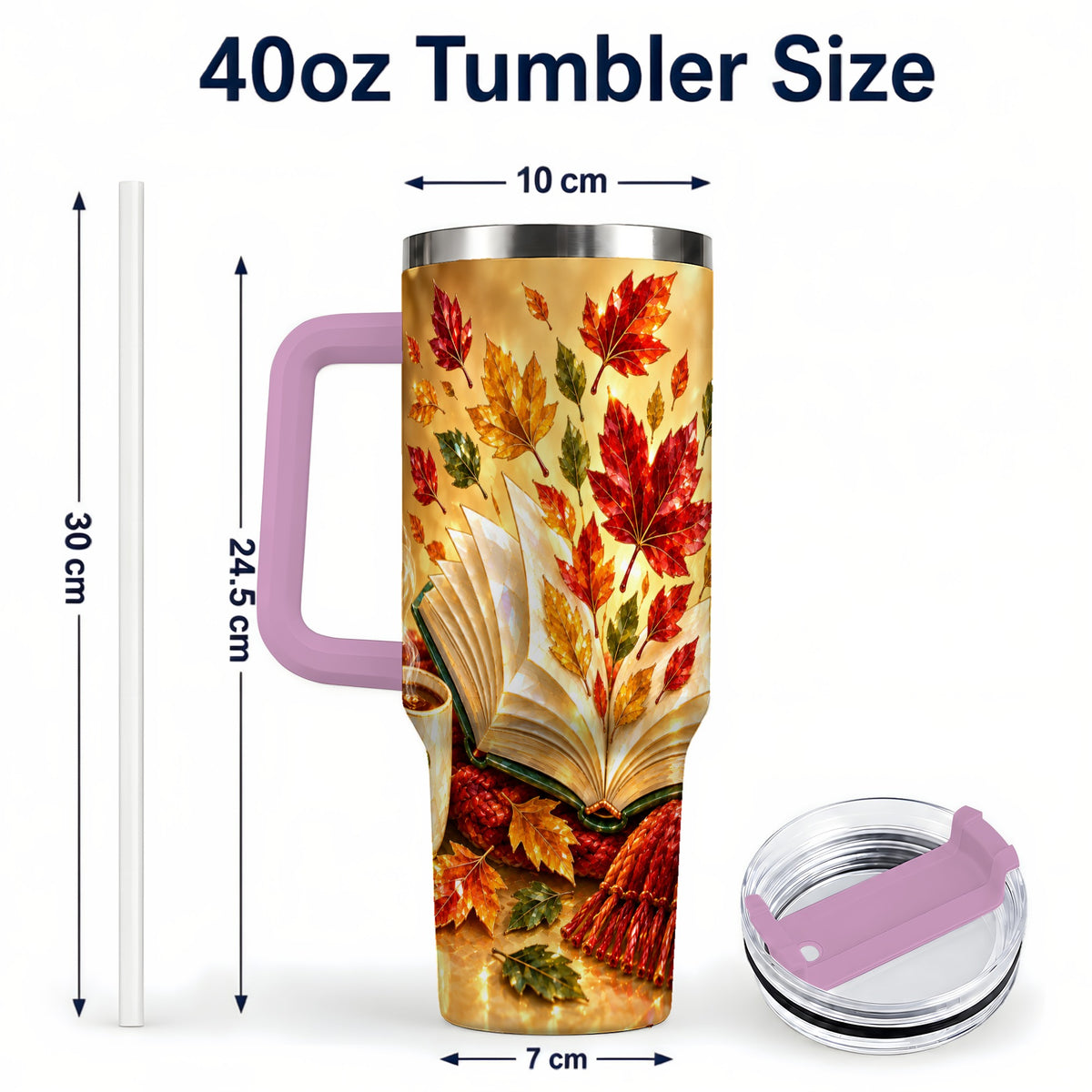 #pl[40oz|Pink] Jeweled Autumn 40oz Tumbler with Handle, Cozy Book Stainless Steel Cup