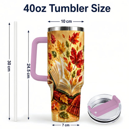 #pl[40oz|Pink] Jeweled Autumn 40oz Tumbler with Handle, Cozy Book Stainless Steel Cup