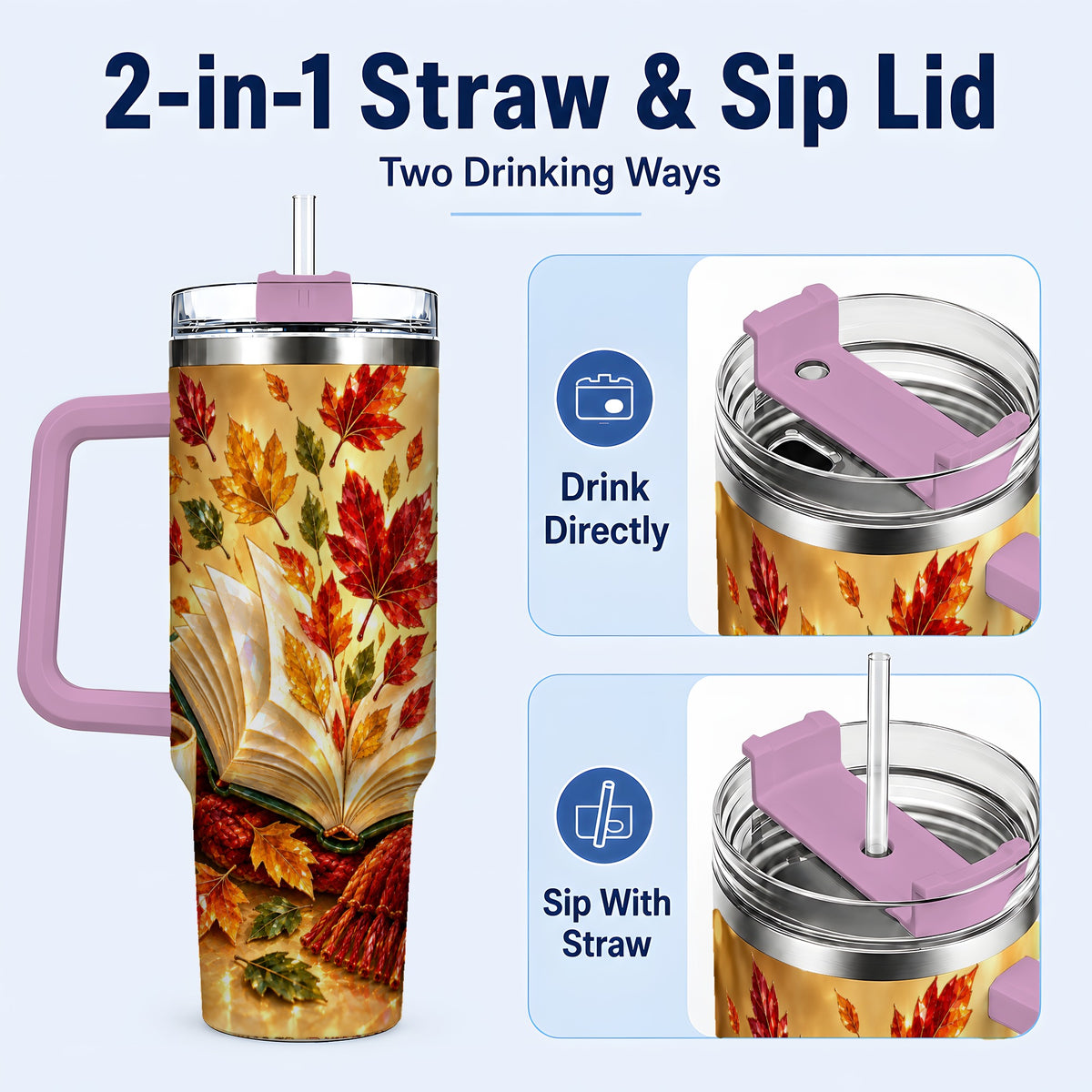 #pl[40oz|Pink] Jeweled Autumn 40oz Tumbler with Handle, Cozy Book Stainless Steel Cup
