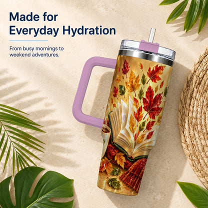 #pl[40oz|Pink] Jeweled Autumn 40oz Tumbler with Handle, Cozy Book Stainless Steel Cup