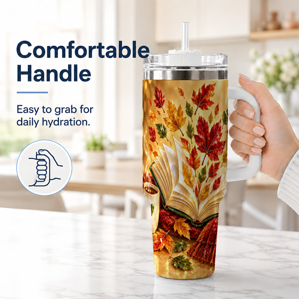 #pl[40oz|White] Jeweled Autumn 40oz Tumbler with Handle, Cozy Book Stainless Steel Cup