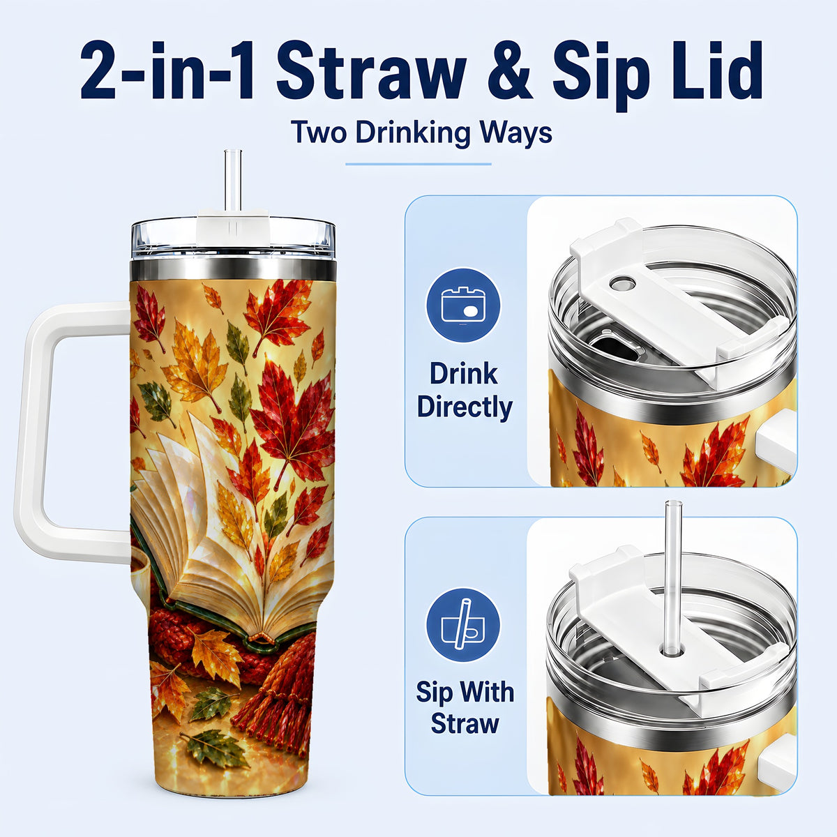 #pl[40oz|White] Jeweled Autumn 40oz Tumbler with Handle, Cozy Book Stainless Steel Cup