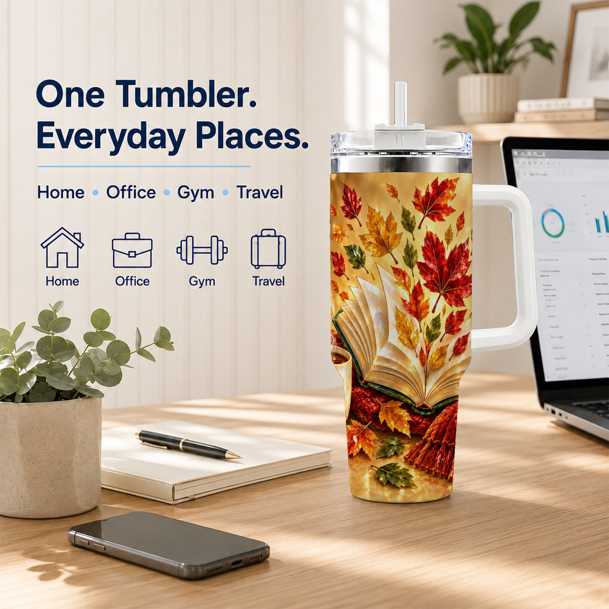 #pl[40oz|White] Jeweled Autumn 40oz Tumbler with Handle, Cozy Book Stainless Steel Cup