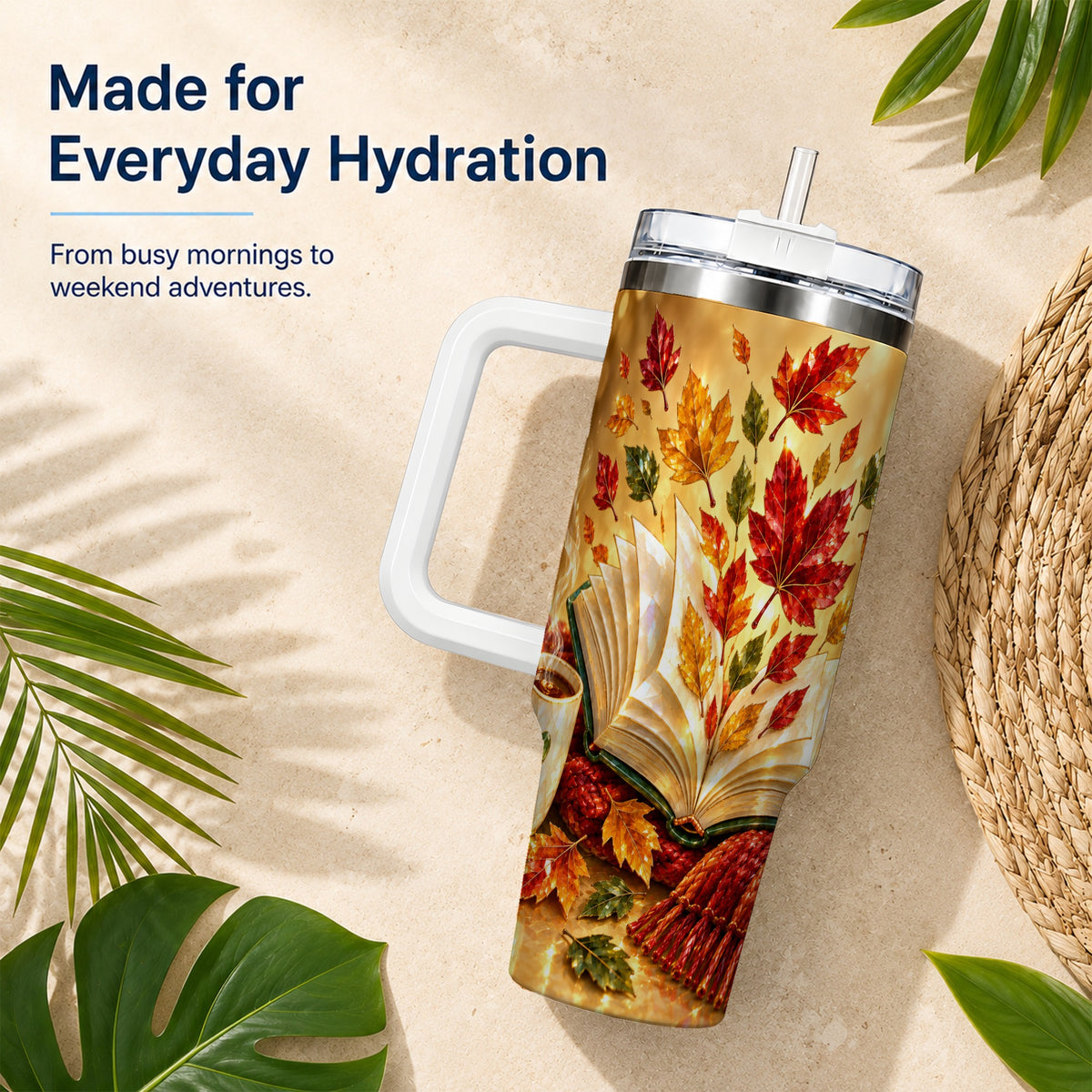 #pl[40oz|White] Jeweled Autumn 40oz Tumbler with Handle, Cozy Book Stainless Steel Cup