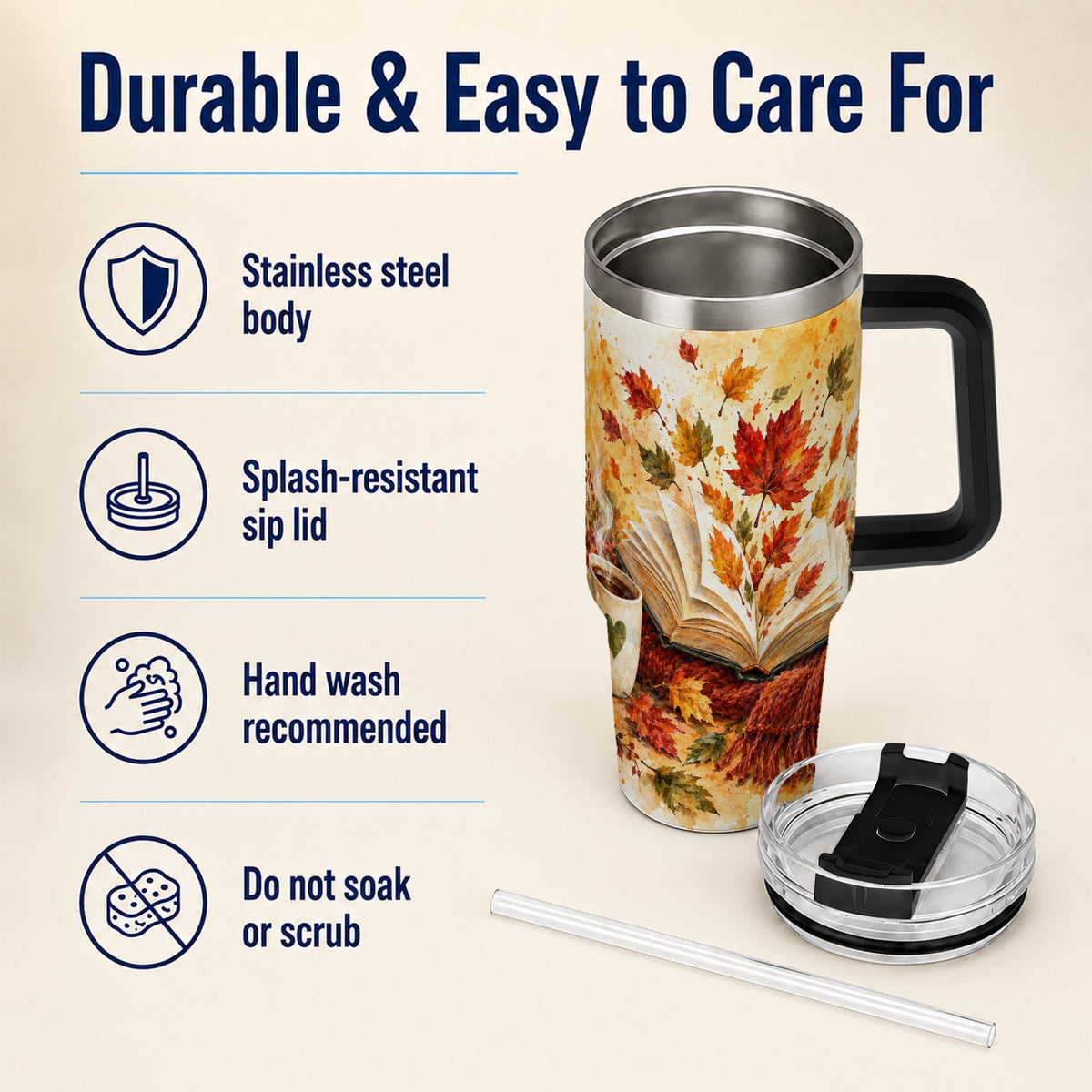 #pl[40oz|Black] Autumn Reading 40oz Tumbler with Handle, Cozy Book Travel Cup