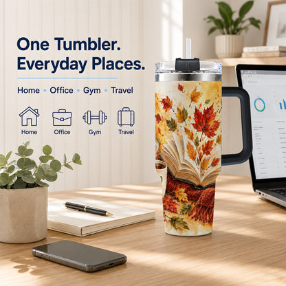 #pl[40oz|Black] Autumn Reading 40oz Tumbler with Handle, Cozy Book Travel Cup