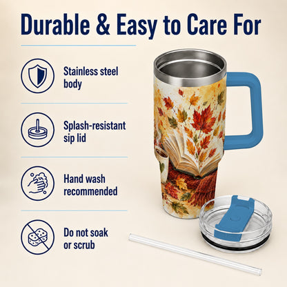 #pl[40oz|Blue] Autumn Reading 40oz Tumbler with Handle, Cozy Book Travel Cup
