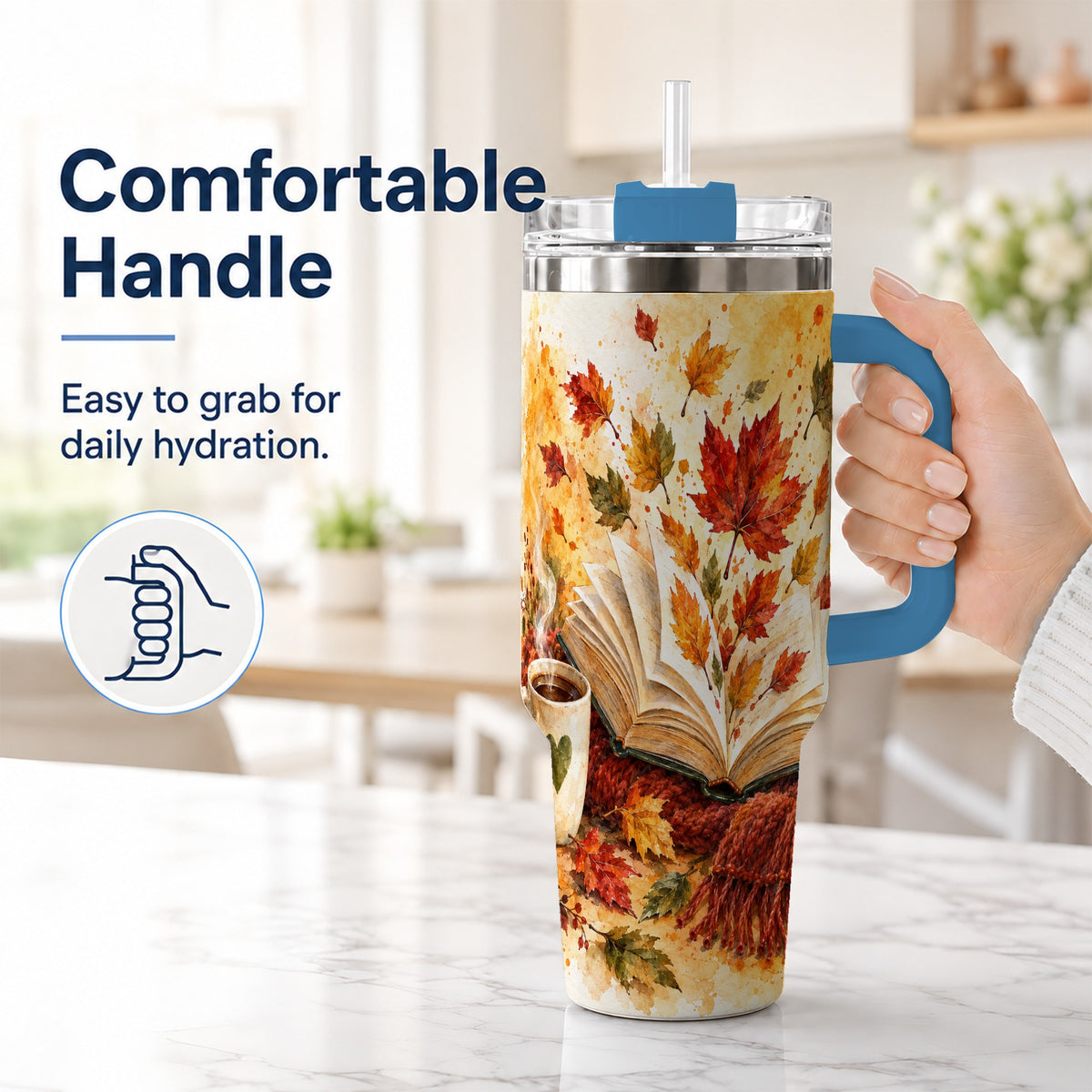 #pl[40oz|Blue] Autumn Reading 40oz Tumbler with Handle, Cozy Book Travel Cup