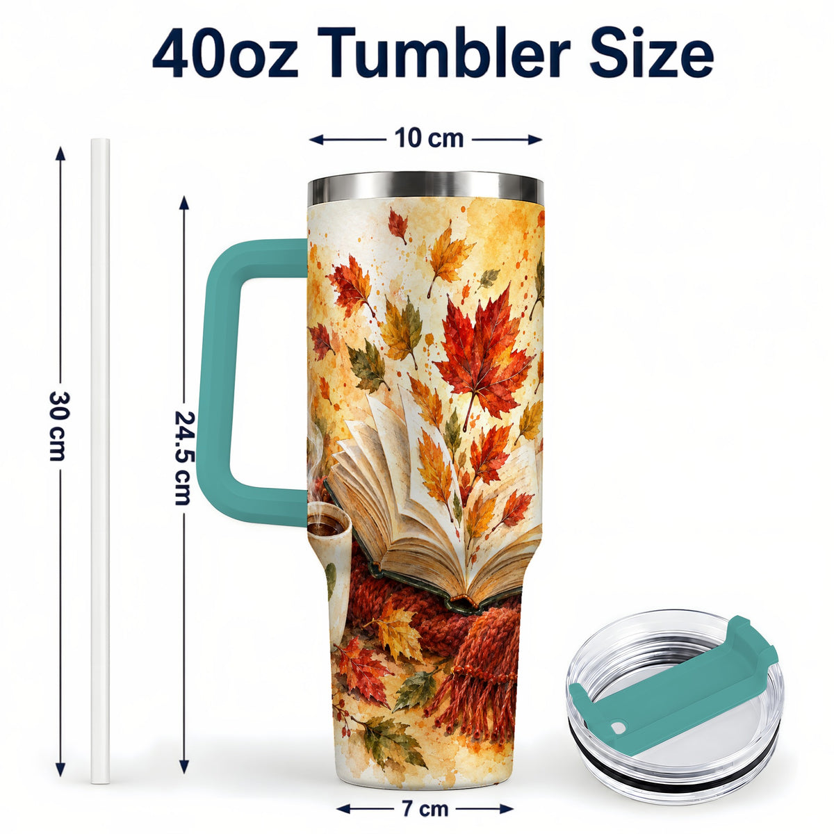 #pl[40oz|Green] Autumn Reading 40oz Tumbler with Handle, Cozy Book Travel Cup