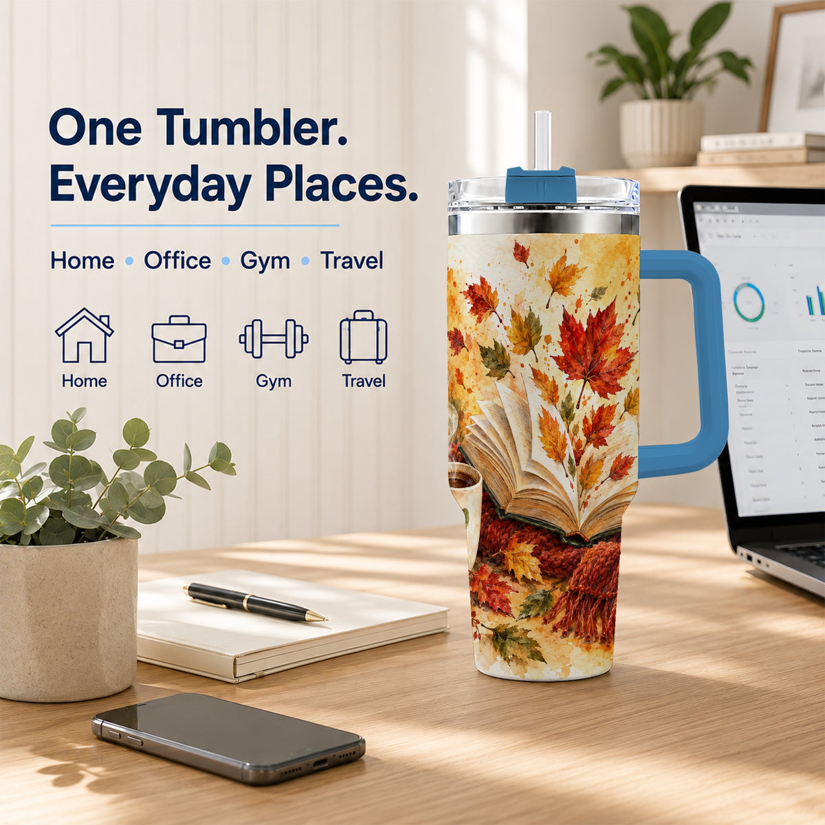 #pl[40oz|Blue] Autumn Reading 40oz Tumbler with Handle, Cozy Book Travel Cup