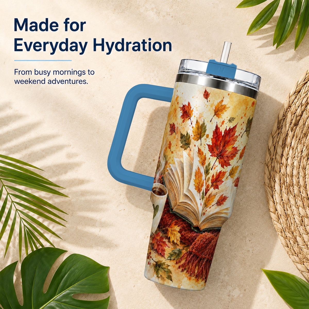 #pl[40oz|Blue] Autumn Reading 40oz Tumbler with Handle, Cozy Book Travel Cup