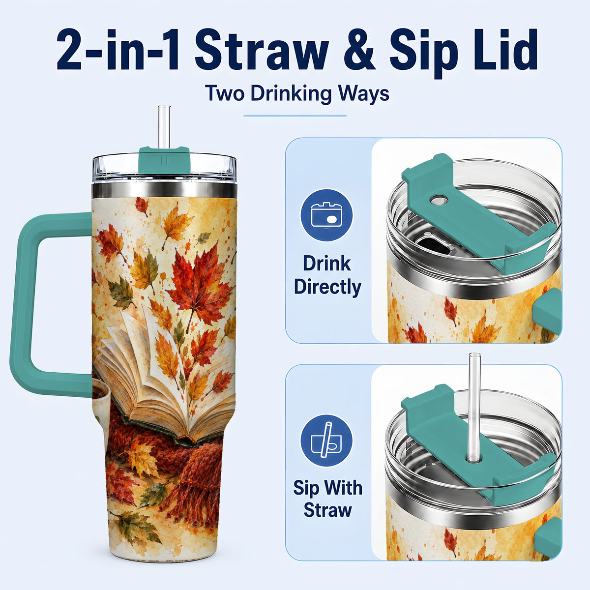 #pl[40oz|Green] Autumn Reading 40oz Tumbler with Handle, Cozy Book Travel Cup