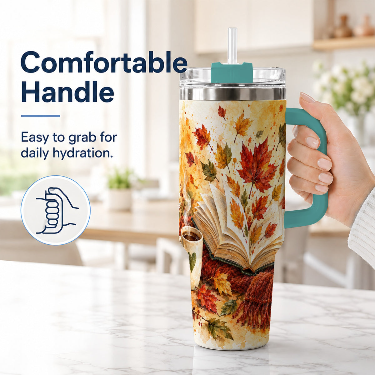 #pl[40oz|Green] Autumn Reading 40oz Tumbler with Handle, Cozy Book Travel Cup