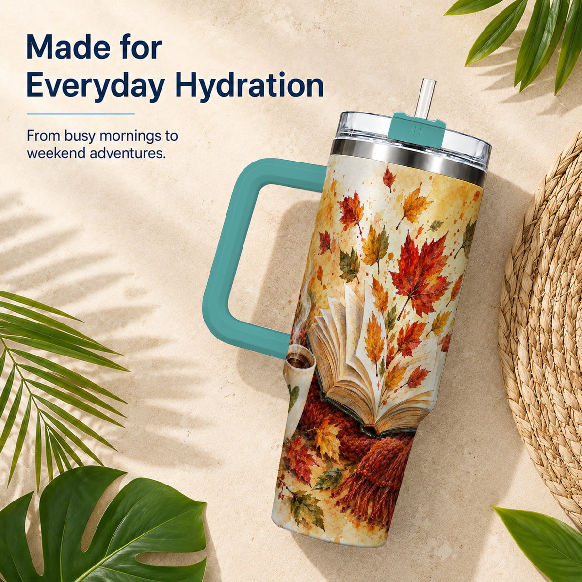 #pl[40oz|Green] Autumn Reading 40oz Tumbler with Handle, Cozy Book Travel Cup