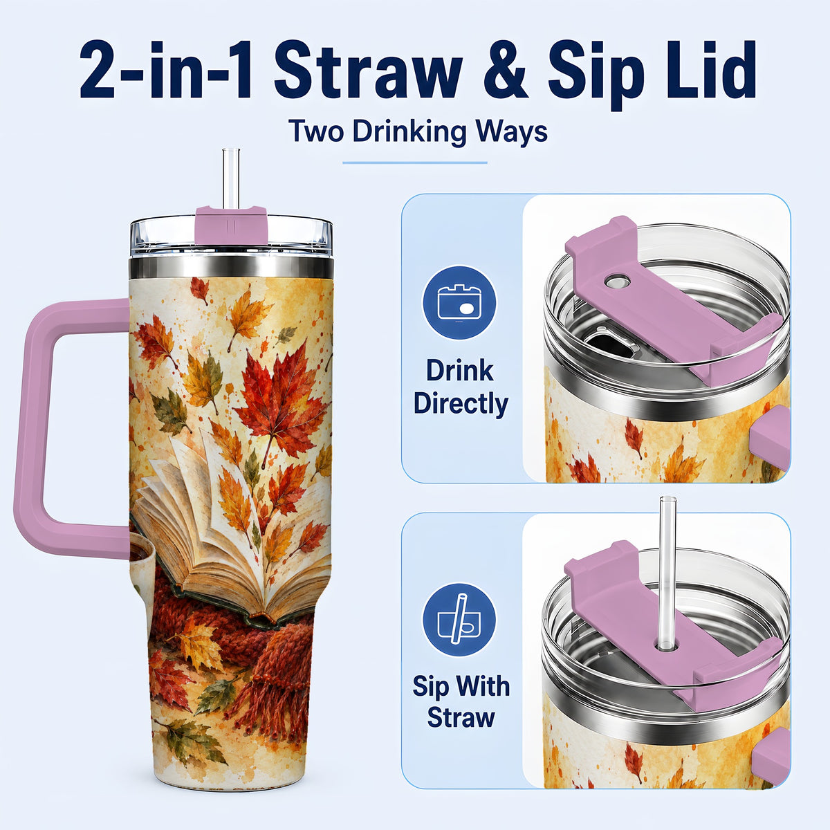 #pl[40oz|Pink] Autumn Reading 40oz Tumbler with Handle, Cozy Book Travel Cup