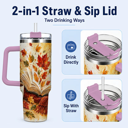 #pl[40oz|Pink] Autumn Reading 40oz Tumbler with Handle, Cozy Book Travel Cup