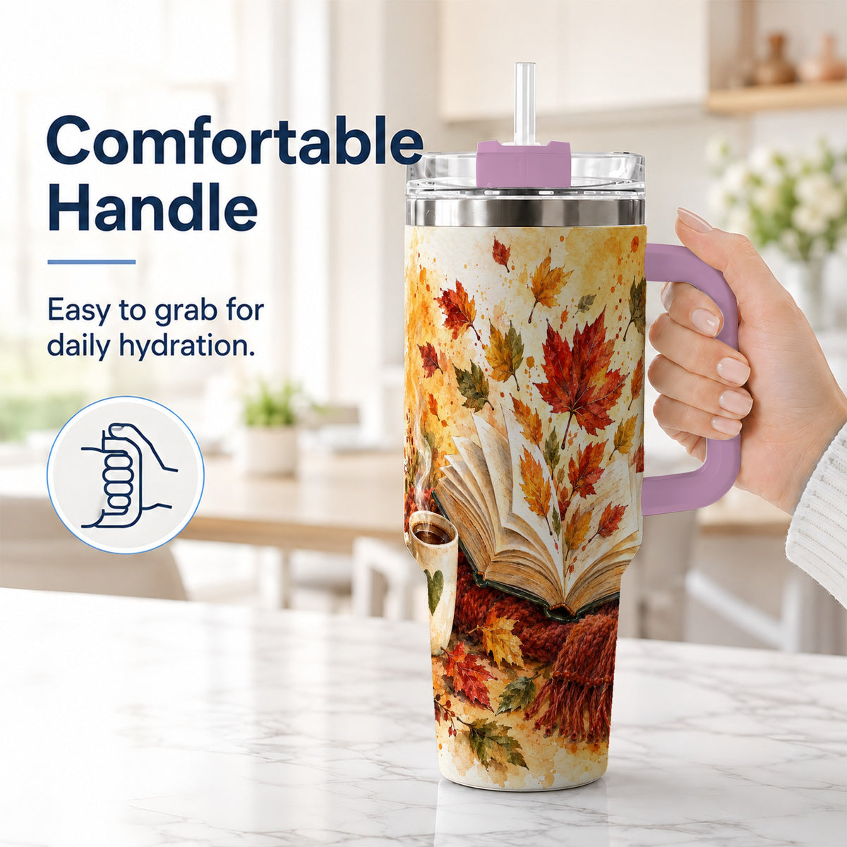 #pl[40oz|Pink] Autumn Reading 40oz Tumbler with Handle, Cozy Book Travel Cup