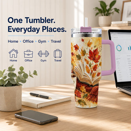 #pl[40oz|Pink] Autumn Reading 40oz Tumbler with Handle, Cozy Book Travel Cup
