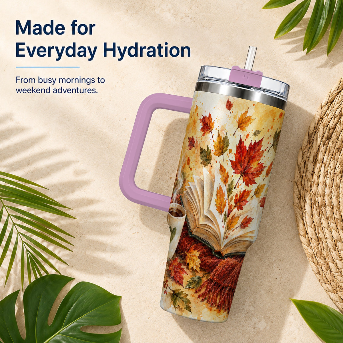 #pl[40oz|Pink] Autumn Reading 40oz Tumbler with Handle, Cozy Book Travel Cup