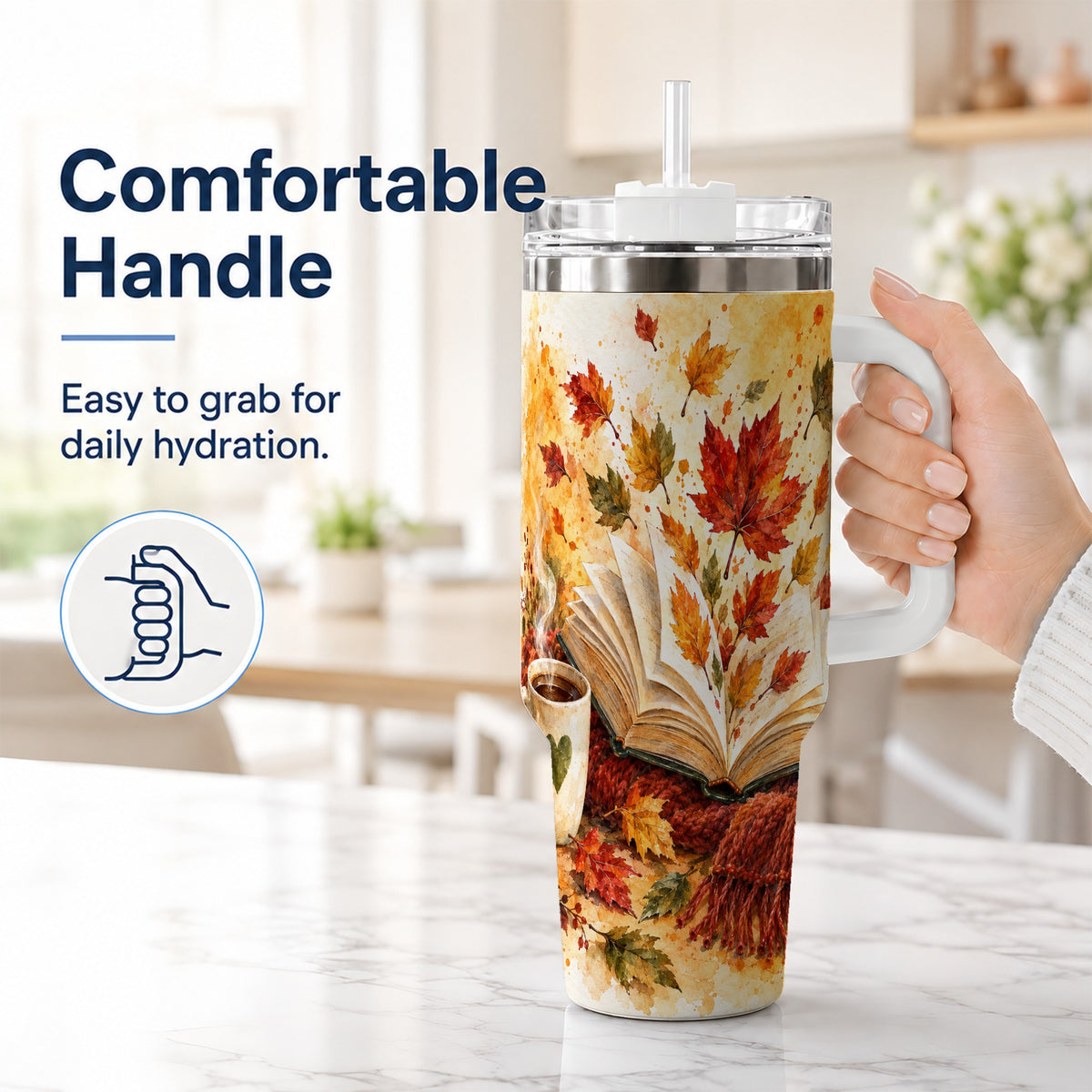 #pl[40oz|White] Autumn Reading 40oz Tumbler with Handle, Cozy Book Travel Cup