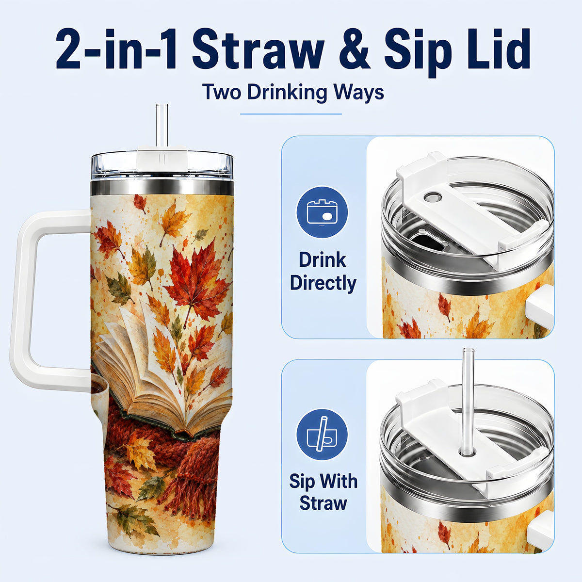#pl[40oz|White] Autumn Reading 40oz Tumbler with Handle, Cozy Book Travel Cup