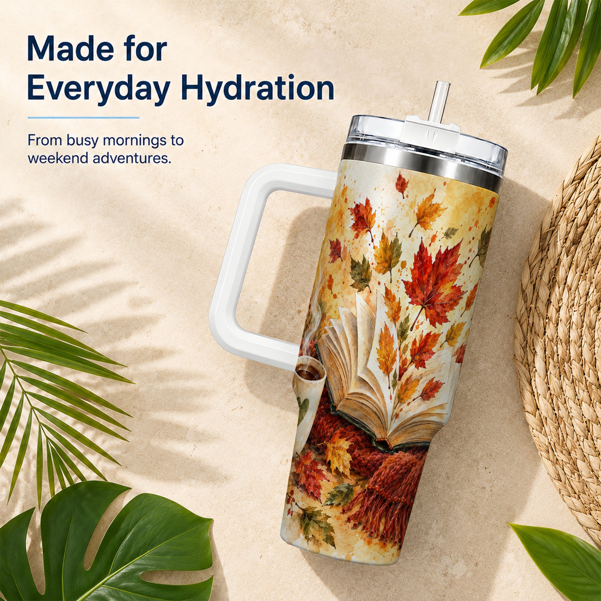 #pl[40oz|White] Autumn Reading 40oz Tumbler with Handle, Cozy Book Travel Cup