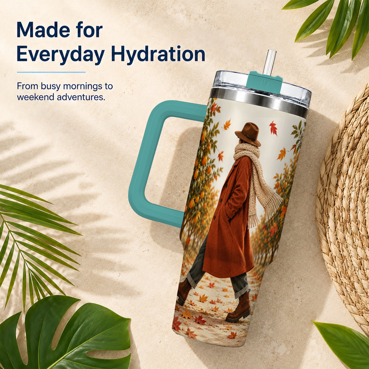 #pl[40oz|Green] Citrus Orchard 40oz Tumbler with Handle, Autumn Walk Travel Cup