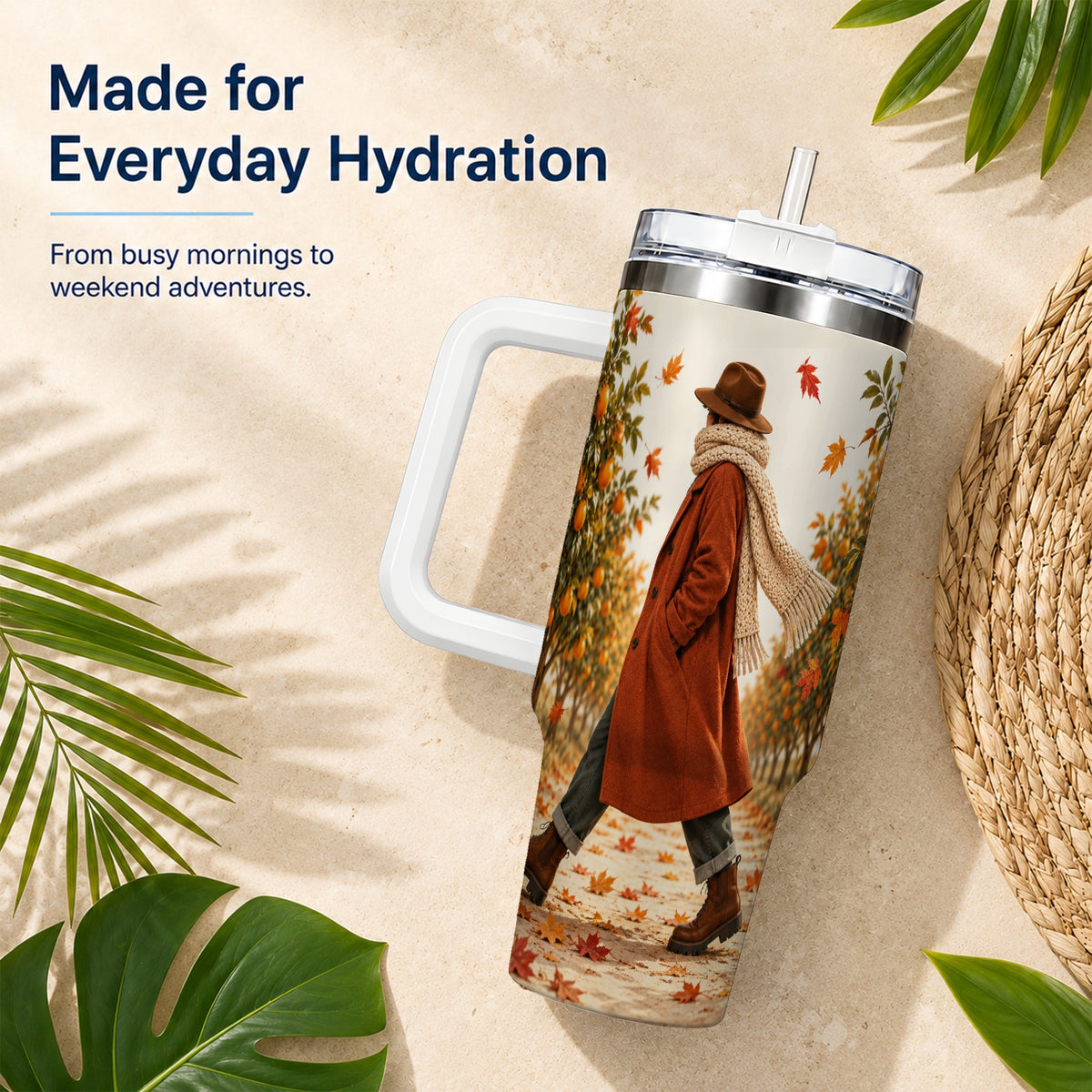 #pl[40oz|White] Citrus Orchard 40oz Tumbler with Handle, Autumn Walk Travel Cup