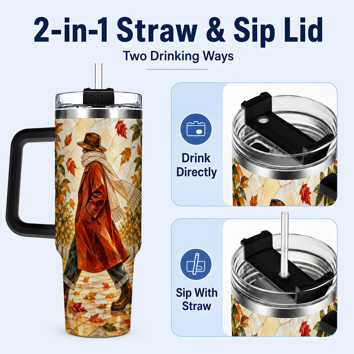 #pl[40oz|Black] Citrus Orchard 40oz Tumbler with Handle, Stained Glass Style Travel Cup