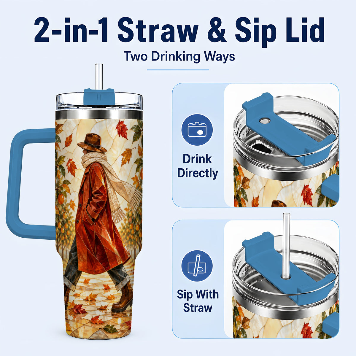 #pl[40oz|Blue] Citrus Orchard 40oz Tumbler with Handle, Stained Glass Style Travel Cup