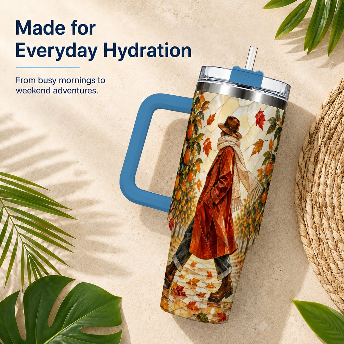 #pl[40oz|Blue] Citrus Orchard 40oz Tumbler with Handle, Stained Glass Style Travel Cup