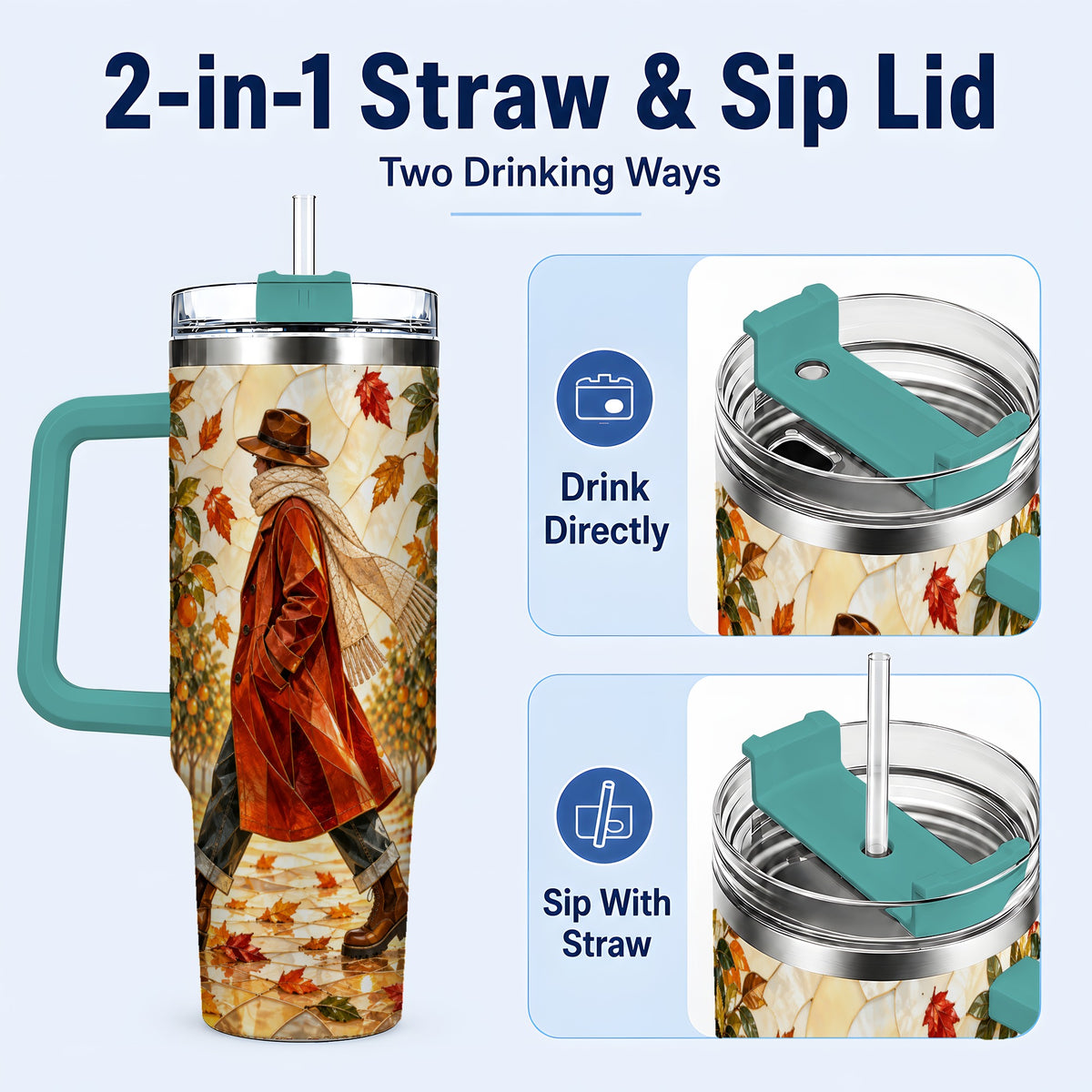 #pl[40oz|Green] Citrus Orchard 40oz Tumbler with Handle, Stained Glass Style Travel Cup