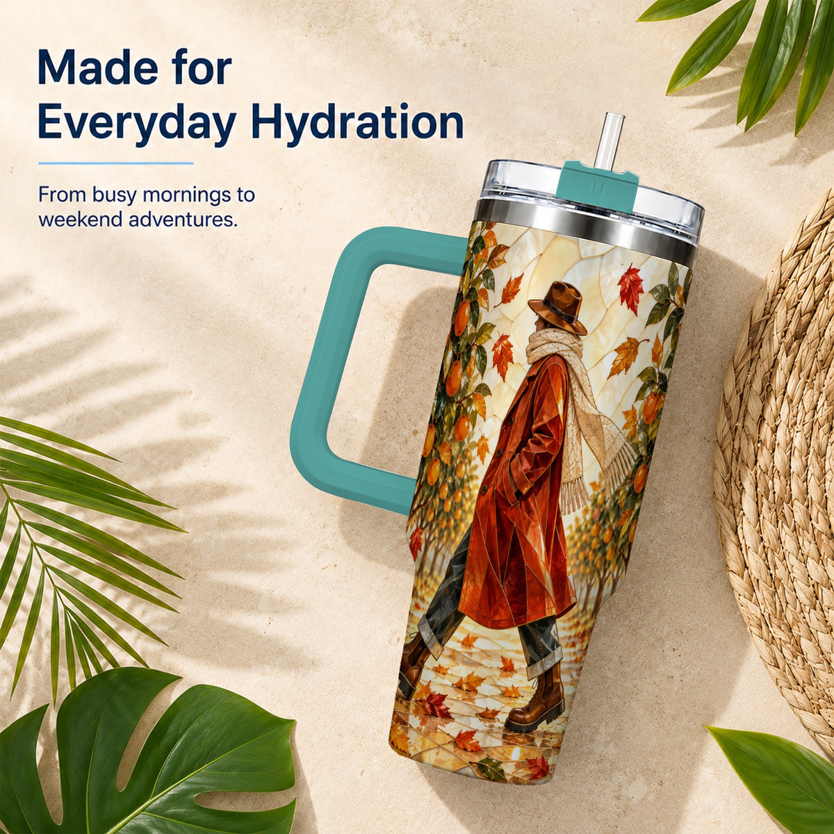 #pl[40oz|Green] Citrus Orchard 40oz Tumbler with Handle, Stained Glass Style Travel Cup