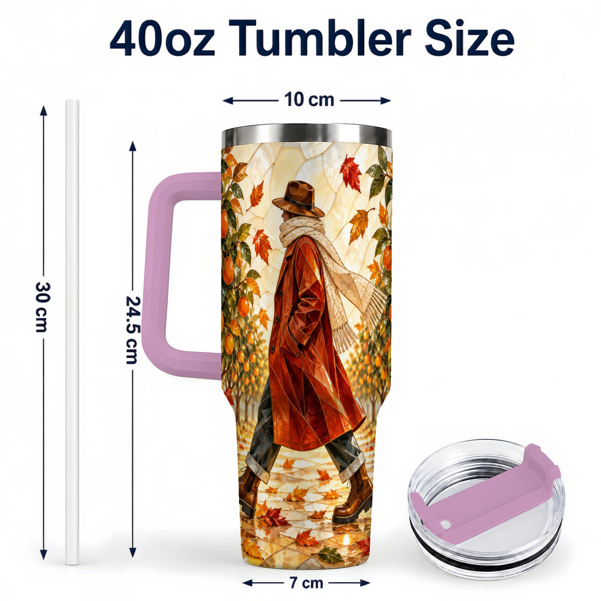 #pl[40oz|Pink] Citrus Orchard 40oz Tumbler with Handle, Stained Glass Style Travel Cup
