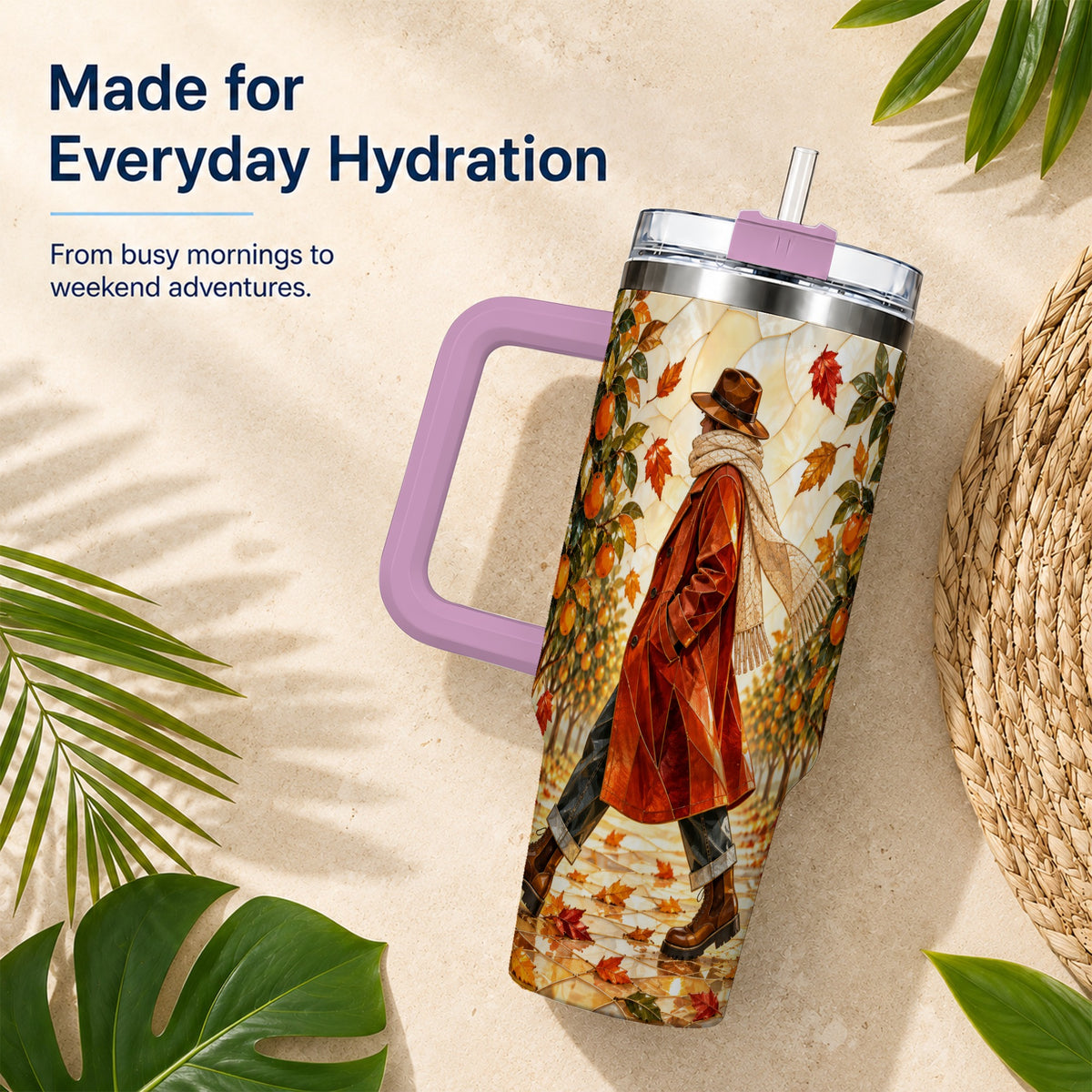 #pl[40oz|Pink] Citrus Orchard 40oz Tumbler with Handle, Stained Glass Style Travel Cup