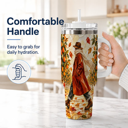 #pl[40oz|White] Citrus Orchard 40oz Tumbler with Handle, Stained Glass Style Travel Cup