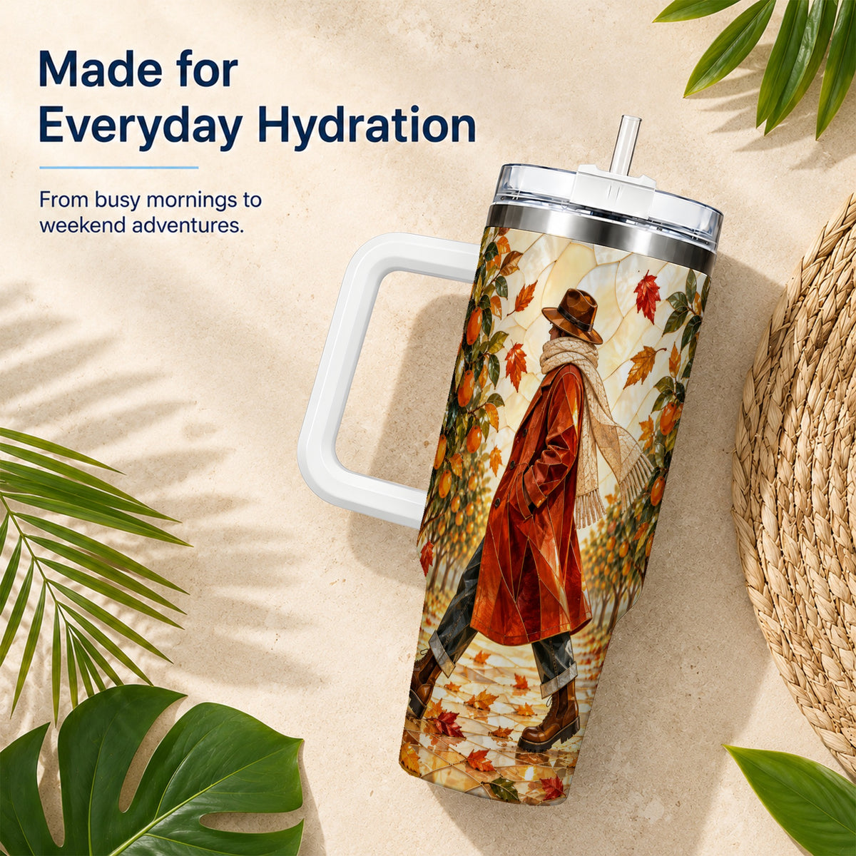 #pl[40oz|White] Citrus Orchard 40oz Tumbler with Handle, Stained Glass Style Travel Cup