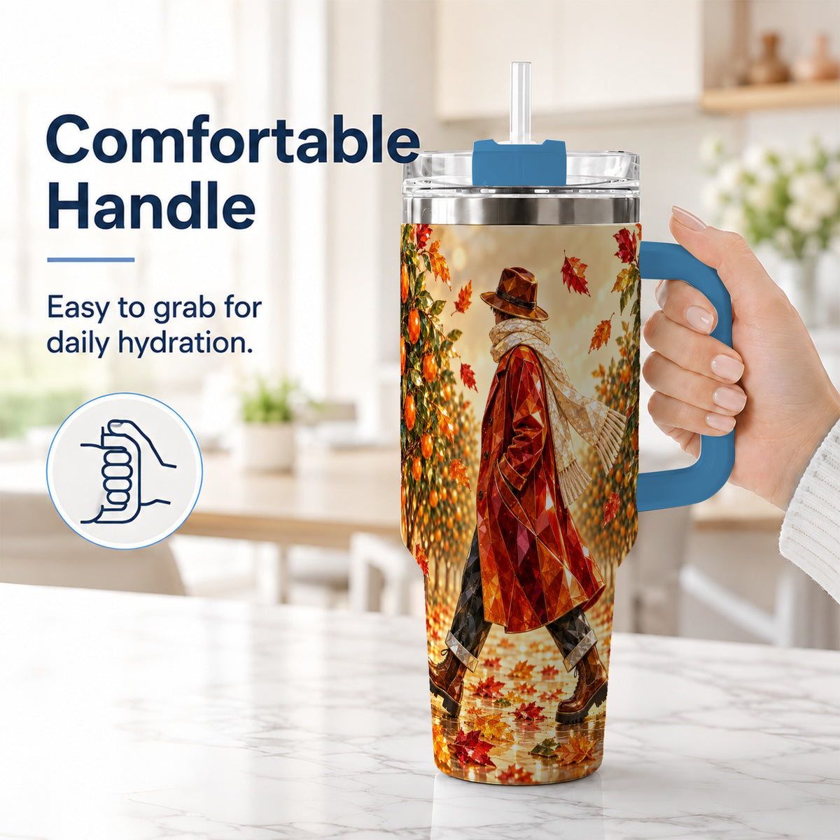 #pl[40oz|Blue] Citrus Orchard 40oz Tumbler with Handle, Faceted Autumn Travel Cup