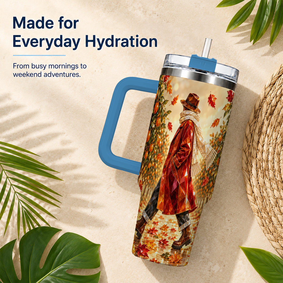 #pl[40oz|Blue] Citrus Orchard 40oz Tumbler with Handle, Faceted Autumn Travel Cup