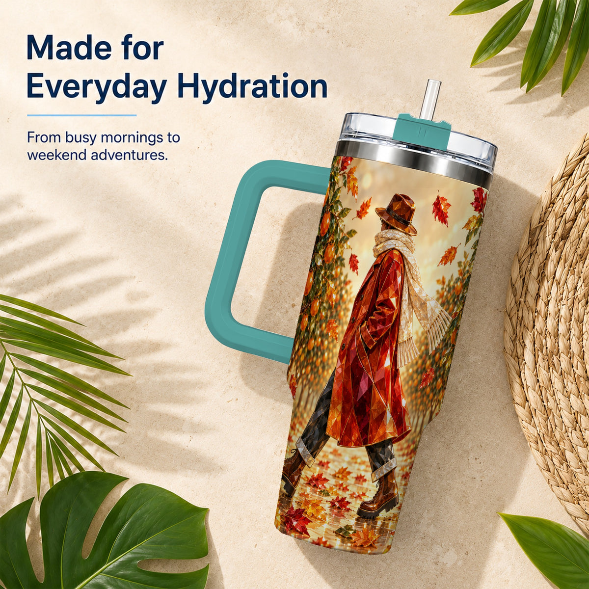 #pl[40oz|Green] Citrus Orchard 40oz Tumbler with Handle, Faceted Autumn Travel Cup