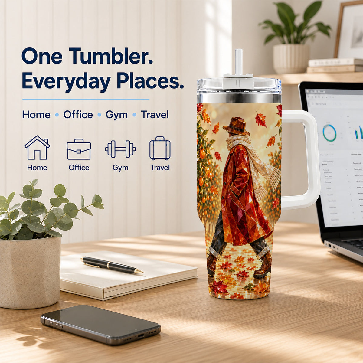 #pl[40oz|White] Citrus Orchard 40oz Tumbler with Handle, Faceted Autumn Travel Cup