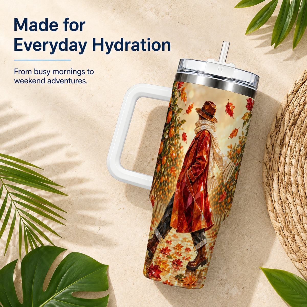 #pl[40oz|White] Citrus Orchard 40oz Tumbler with Handle, Faceted Autumn Travel Cup