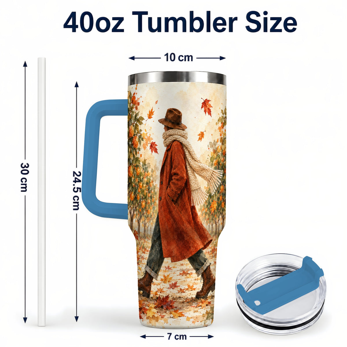 #pl[40oz|Blue] Citrus Orchard 40oz Tumbler with Handle, Watercolor Autumn Travel Cup