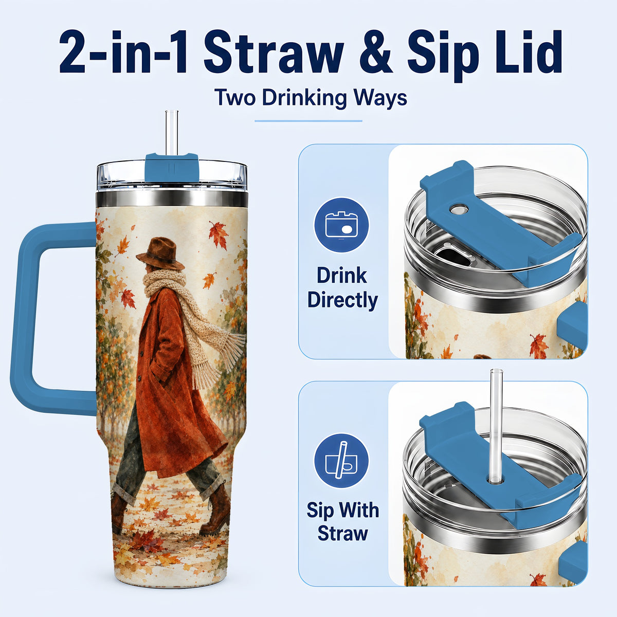 #pl[40oz|Blue] Citrus Orchard 40oz Tumbler with Handle, Watercolor Autumn Travel Cup