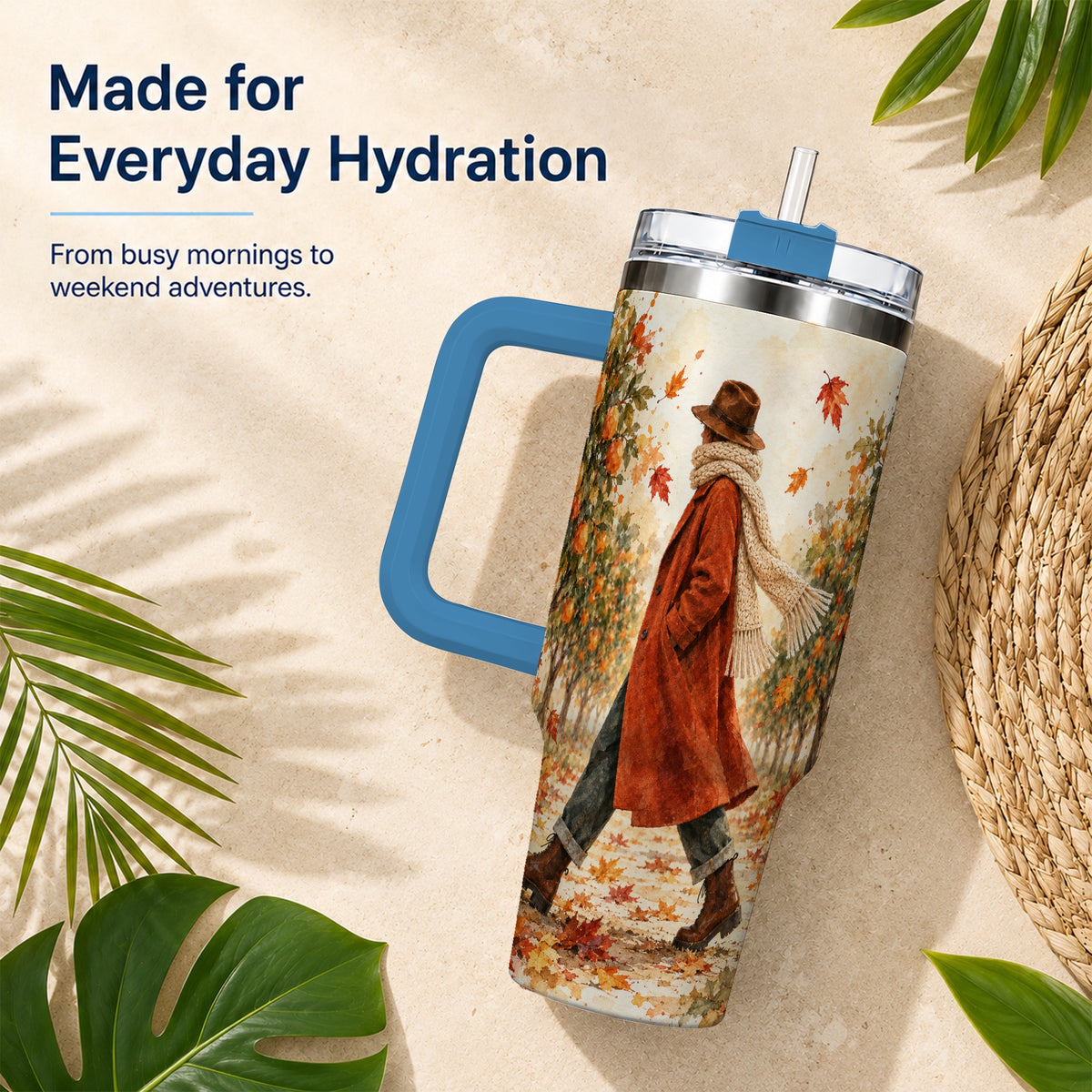 #pl[40oz|Blue] Citrus Orchard 40oz Tumbler with Handle, Watercolor Autumn Travel Cup